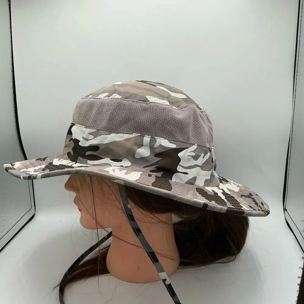 Camouflage print wide-brim sun hat with a mesh crown, adjustable chin strap